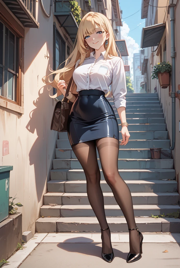(8k), (best quality), (masterpiece:1.2), (realistic), (photorealistic:1.4), ultra-detailed, 1 girl,detailed face, (short pencel skirt), (white business shirt), blonde, blue eyes, ((modern city background)), (stands straight), ((perfect female body, skin dentation)), mature female, milf, narrow waist, smile, (full body), sexy legs, ((black pantyhose)), (black high heel), eye glasses,
<lora:koreanDollLikeness_v15:0.6>