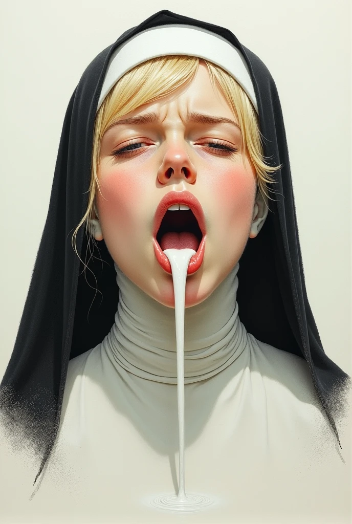 ultra-detailed,(best quality),((masterpiece)),(highres),original,extremely,1girl,solo, Close-up profile of a sexy young nun with her tongue out, her hands covering the face