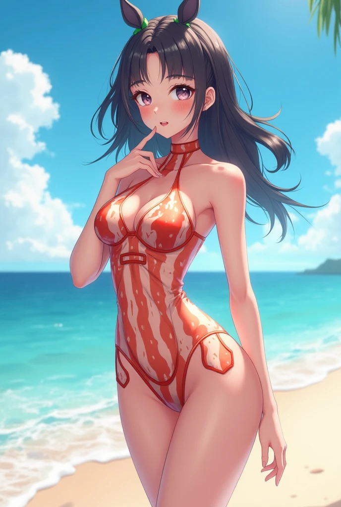 anime artwork, score_9, score_8_up, score_7_up, score_6_up, score_5_up, score_4_up, hu tao, she is 24 years old, style_3, gray background, , , , , _, smile, sit, watermelon_between_thighs, solo, bikini