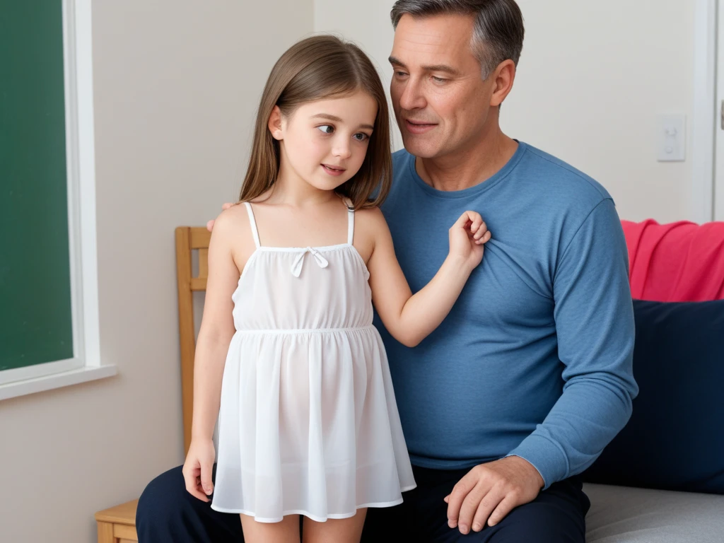An 8-year-old daughter wearing a pink nightgown is held by her 30-year-old father.........//Father puts his hand on the shoulder strap of his nightgown. daughter shows most of her breasts....