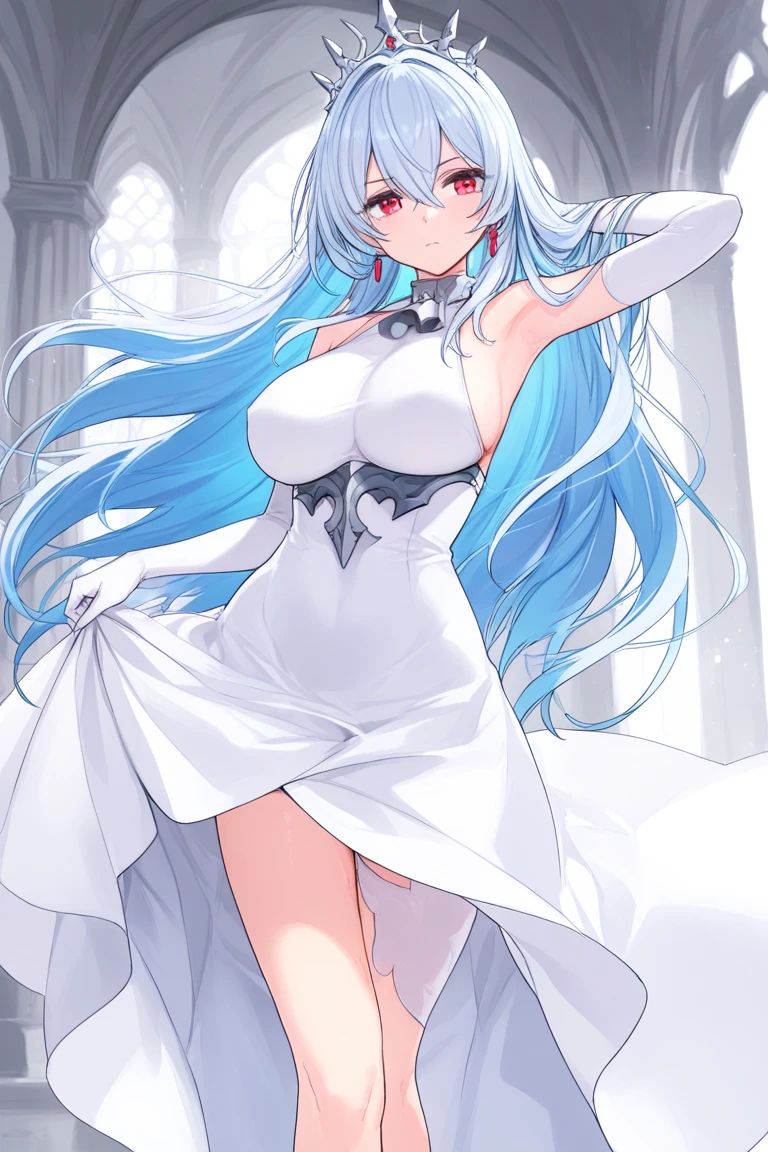 1girl,10s,smile,long hair,white hair,ahoge,lamia tail,white lamia tail,(white background),pointy ears,sleeveless,white shirt,(little cleavage),happy,smile,open mouth,portrait,profile