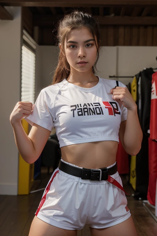 This Photo Consists Of Women, Beautiful, Cutes, Baby Face, , White Skin, Muscles, Athletic, Girly, Long Ponytails, Gradient Coloured Hair with Bangs, Sexy Look, Masterpiece, Adorable, Posing Because She knows She Will be Photographed, Beautiful Large Eye, Dramatic Vintage Lighting, tmasterpiece,top Quority,(realisticlying,realisticlying:1.4),(RAW photos:1.2),Very delicate CG Unity 8K wallpaper,very delicate beautiful,Wonderful,Boxing pose,The attention to detail,offcial art,absurderes,Incredibly Ridiculous res,hugefilesize,Very fine,very refined,Beautiful eyes and face,Beautiful exquisite eyes,light in face,one-girl,short detailed hair,(pompons)nabel,A half body,PE uniform short sleeve crop top T-shirt, boxing gloves, Bare arms, By bangs, Boxing gym, Boxing ring