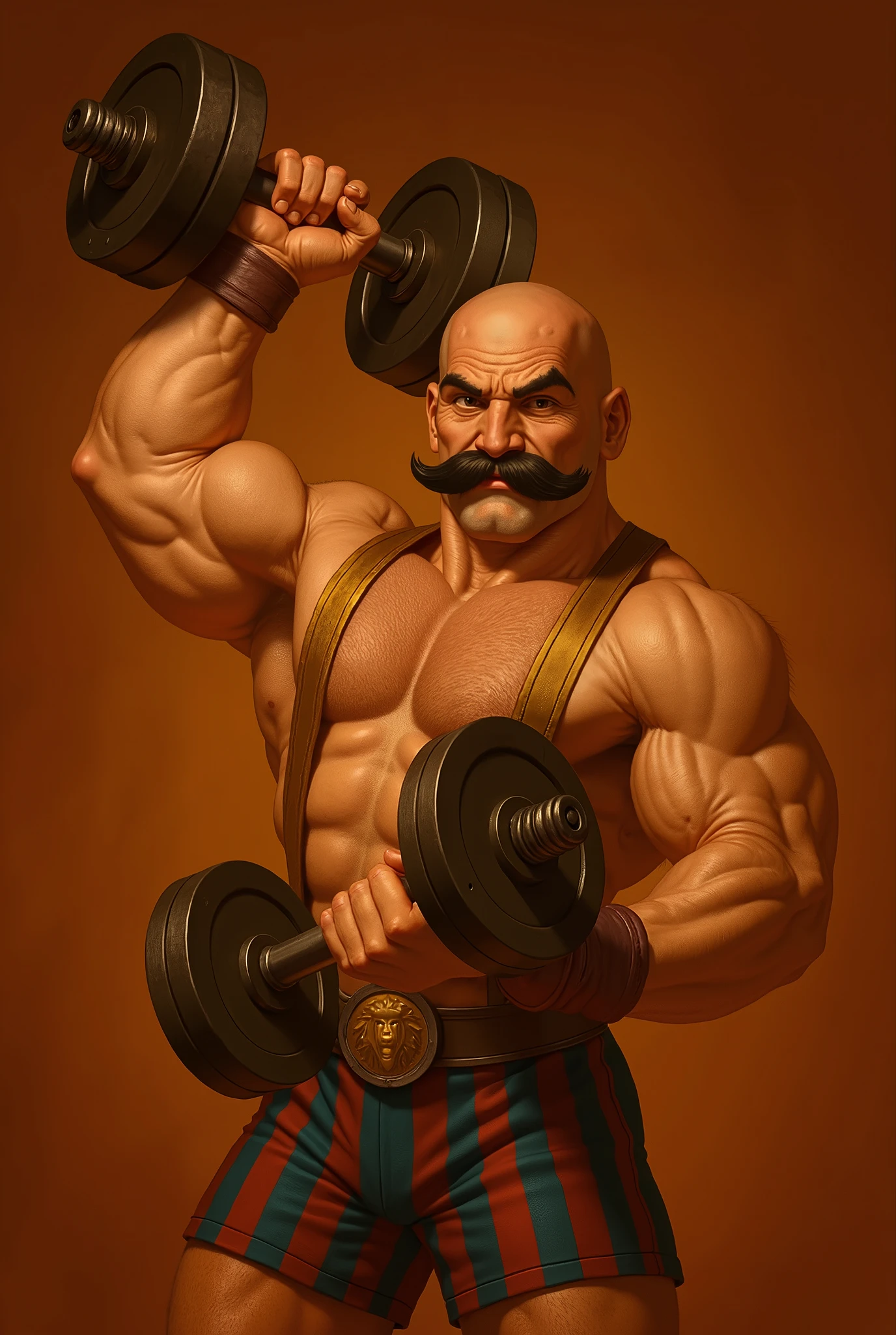 1boy, armstrong,<lora:Chara_armstrong:0.85>,( upper body:1.2) , strong, muscular,bald, golden mustache,metal glove,topless_male,make a fist