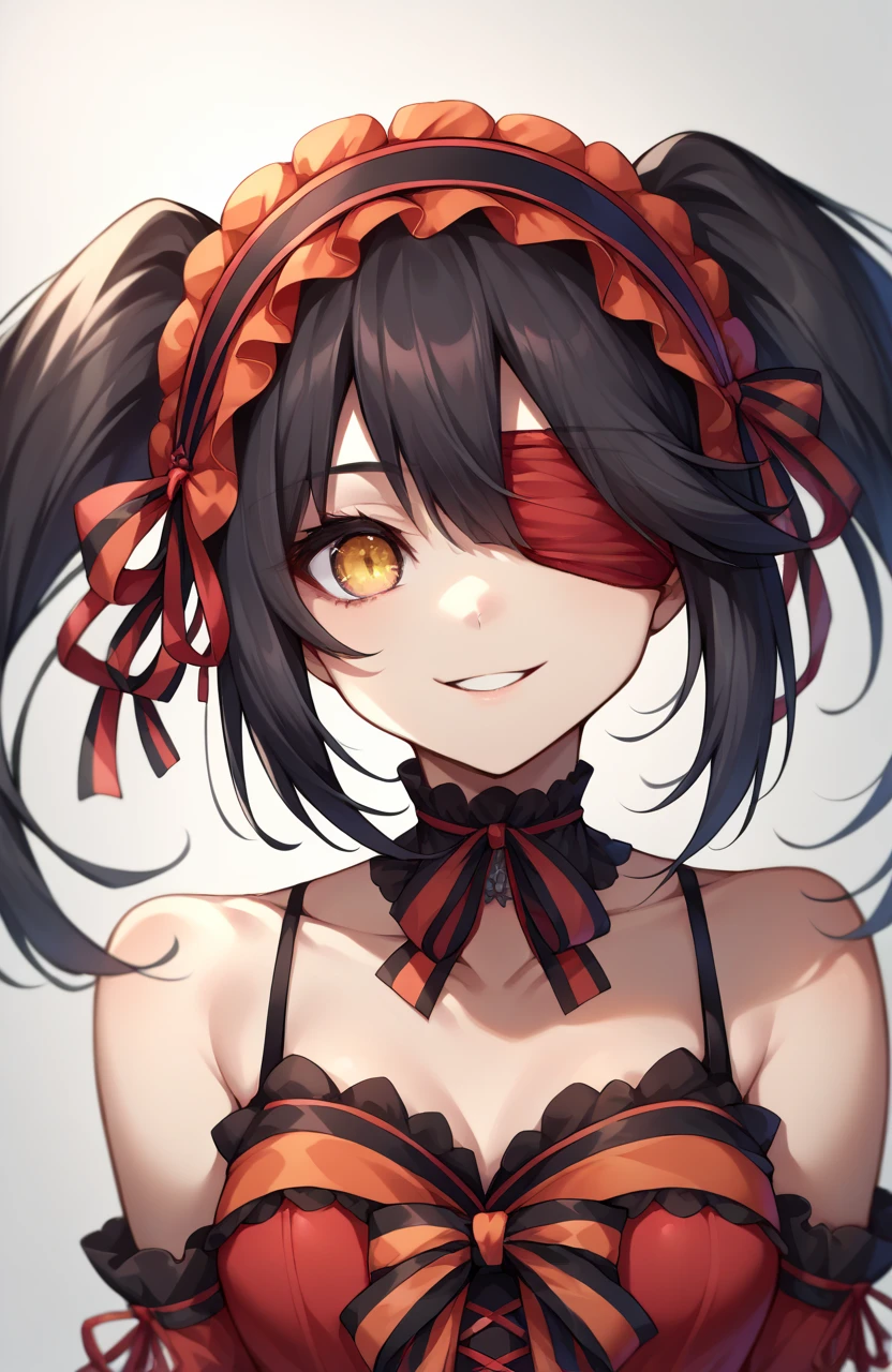 masterpiece, (detailed, highres, best quality), 1girl, <lora:TokisakiKurumi:1> KurumiBase, (clock eyes), heterochromia, twintails, hairband, red dress, frills, detached sleeves, frilled choker, face focus, close-up, detailed face, blush