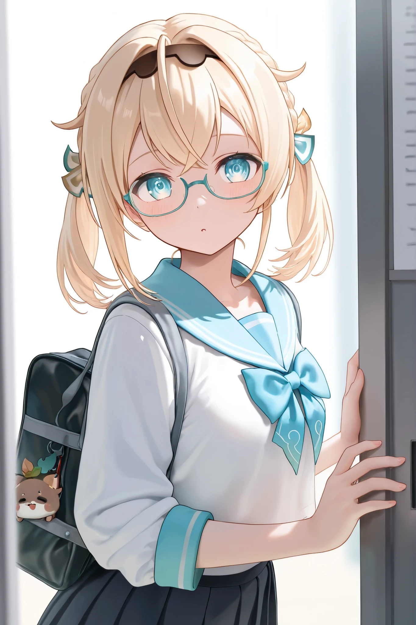 Light blond bangs,With a ponytail,With braids,The body is petite and tender,Very loli,Only very small,Black round glasses,Thick frame,Red rope pendant,Light yellow and blue children's clothing