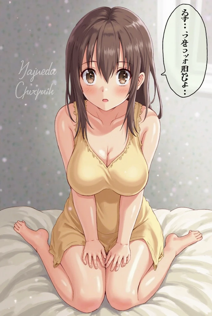 1girl,solo,yuuki mikan,, ,brown hair,, ,1girl,,,small breasts,(spoken heart),(((china dress))),my room,sleeveless,slit,bare legs