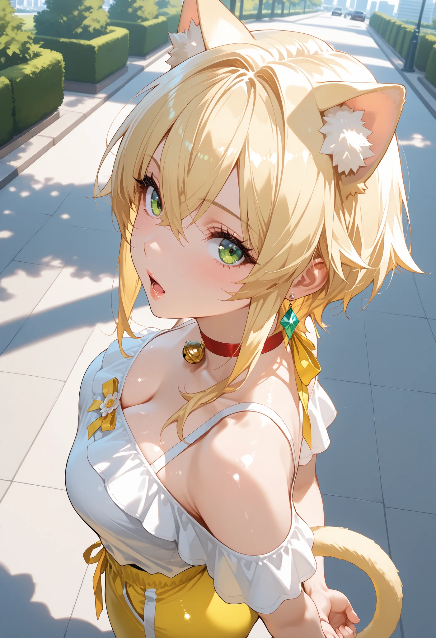 anime girl, blonde hair princess girl, small girl, white dress, with gold crown, face on camera, tight shirt, show large chest, dark isekai, shy girl, pitiful face, face forward to camera, asking pose, pink cheeks, half body, body on iron chain, smile, yellow eyes, show cleavage very big breast, zoom very big breast, face and breast in front, ensure she wear long pants, wet breast, watery breast, lay on grass, zoom front breast and face only, no nails, remove the nail, do not show the nails, girl tighten on iron chains like a slave, head pop up front, lot of iron chains, anime girl leans forward, lying grass, looking at viewer