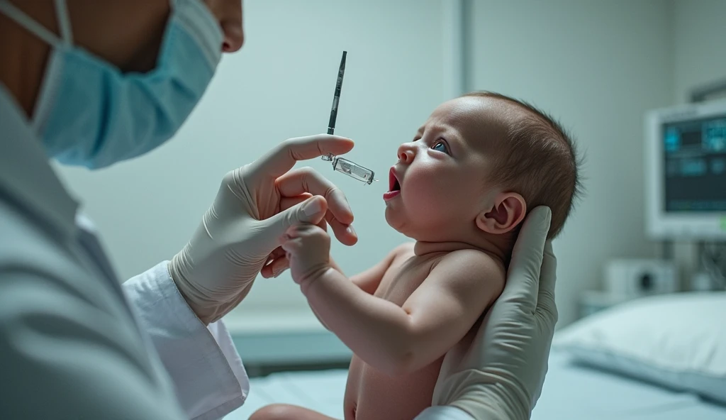 In a hospital setting, a baby stands in a sterile room with white walls and fluorescent lights. The baby’s face is contorted with fear, and tears stream down his cheeks. His little hand trembles as he holds his neck. From a cut in his neck, a grotesque worm emerges, causing horror and despair. The baby’s expression is one of pure terror, his eyes wide and his mouth open in an anguished cry. In the background, modern medical equipment gleams, adding a cold and impersonal atmosphere to the scene.
