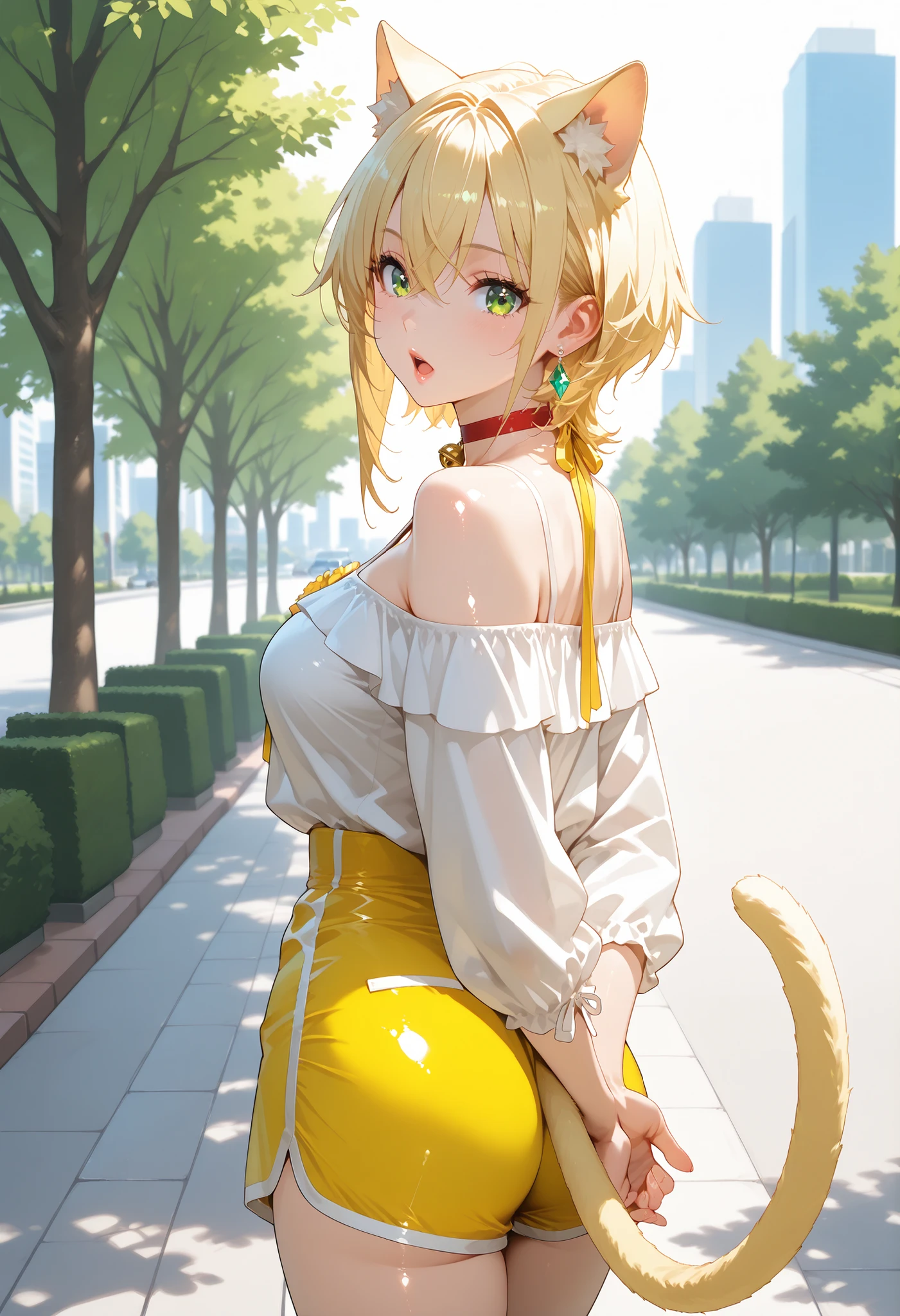 ( straight face picture )) ((best quality)), ((Masterpiece)), (details), Young woman ,cat ears ,yellow hair , beautiful girl hair , according to green ,Yellow open-shoulder shirt outfit , jeans skirt , has a tail, big breasts, Big butt, Look straight. , outpost ,city