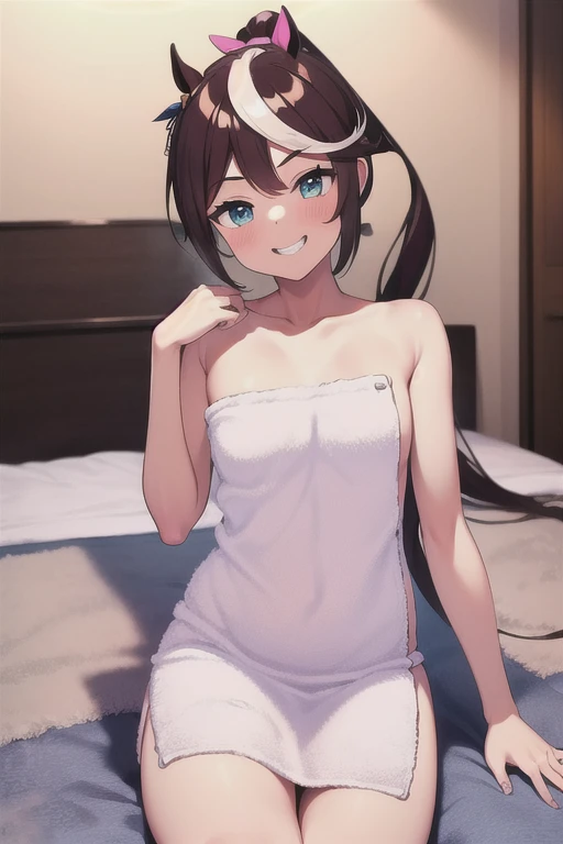 masterpiece, Best quality, a high resolution, 1 Girl, Hilda Pokemon, baseball cap, high ponytail, long hair, Blue eyes, I look at the viewer, medium breasts, , athletic body, (embarrassed, blush, Sub:1.2), black stick on bra, bathroom, without straps