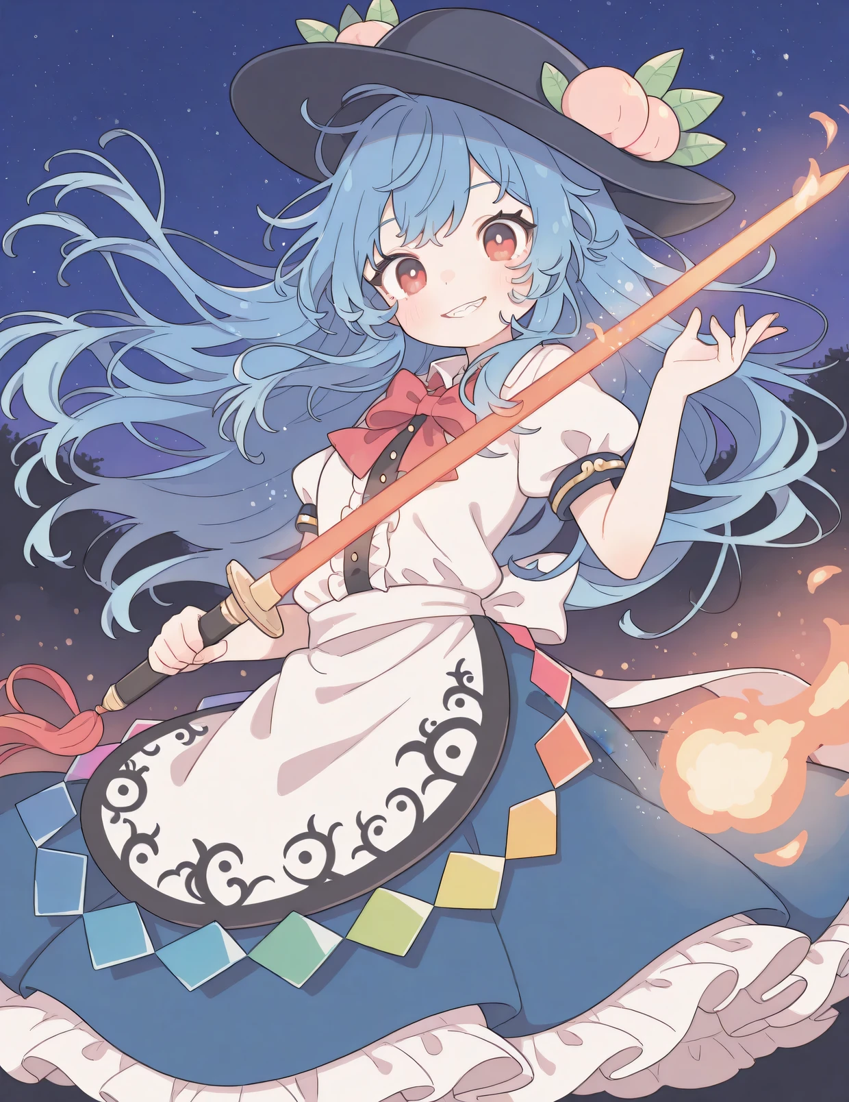 absurdres, highres, masterpiece, best quality, amazing quality, official anime artwork, screencap, anime screencap, outdoors, looking at viewer, light smile, dynamic pose,
hinanawi tenshi, 1girl, solo, red eyes, blue hair, long hair, hat, peach hat oranement, red bowtie, white shirt, short sleeves, apron, petticoat, blue skirt, holding, sword of hisou, kaname-ishi ,
light particles, night, sky, starry sky, star, floating hair, teeth, fire,