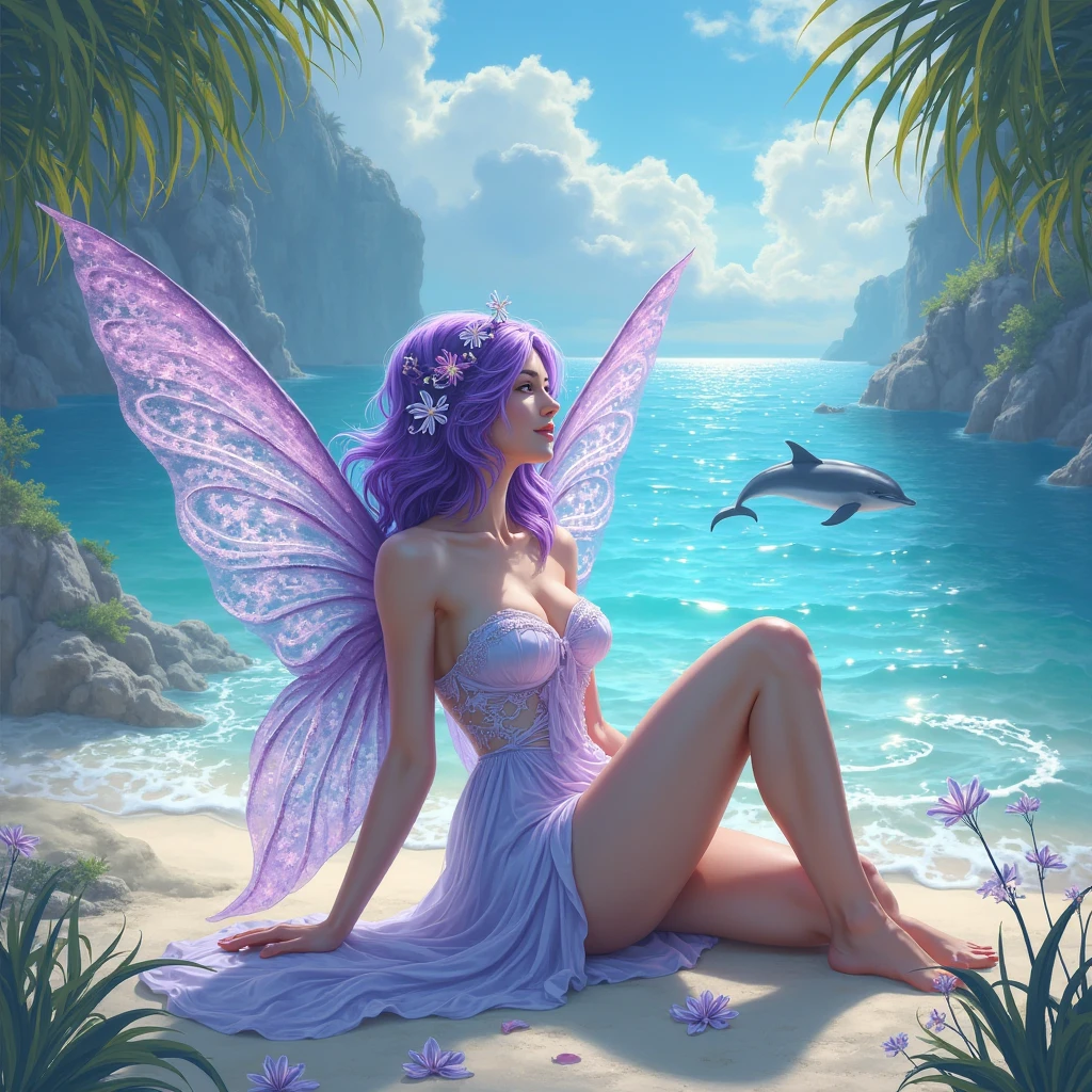 Woman in bikini sitting on beach holding flowers, Beautiful fairy, colorfull digital Fantasy art, beautiful adult fairy, Beautiful fairy, Beautiful fairys, beautiful Fantasy art, very beautiful Fantasy art, Beautiful digital art, Water Fairy, Brunette Fairy Woman, Fantasy Beautiful, Fantasy art style, digital art Fantasy art, amazing Fantasy art, Wonderful like a fairy, Fantasy art