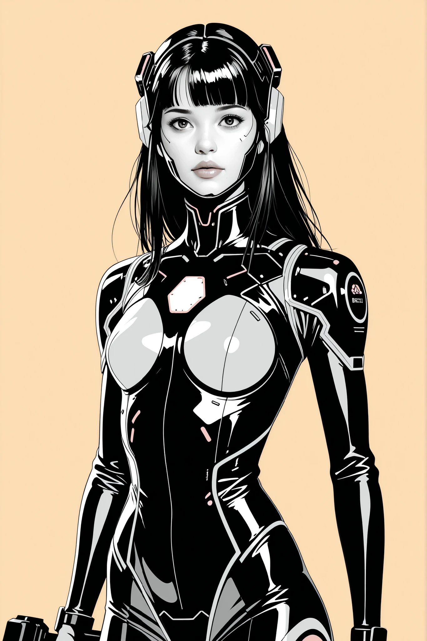 (masterpeace), high quality, (whole body:1.5),((Line Art: 1.5)), ((sci-fi comic style)), ((monochrome)), simple background, action scene, europian comic, single shot, syntheticbreed,
BREAK
A young girl wearing a black bodysuit, ((tactical helmet)), (cyberpunk: 1.3), high detail mechanic style, connected many cables, holding a beam-gun,
BREAK
((beautiful face: 1.5)), perfectry cute, (realistic face: 1.3), (black hair: 1.5), long hair, blunt bangs, (slim body: 1.3), cyber suit,
BREAK
anatomically correct, biologically accurate, normal number of fingers, natural limbs, well-proportioned body, best quality, 8k, HD