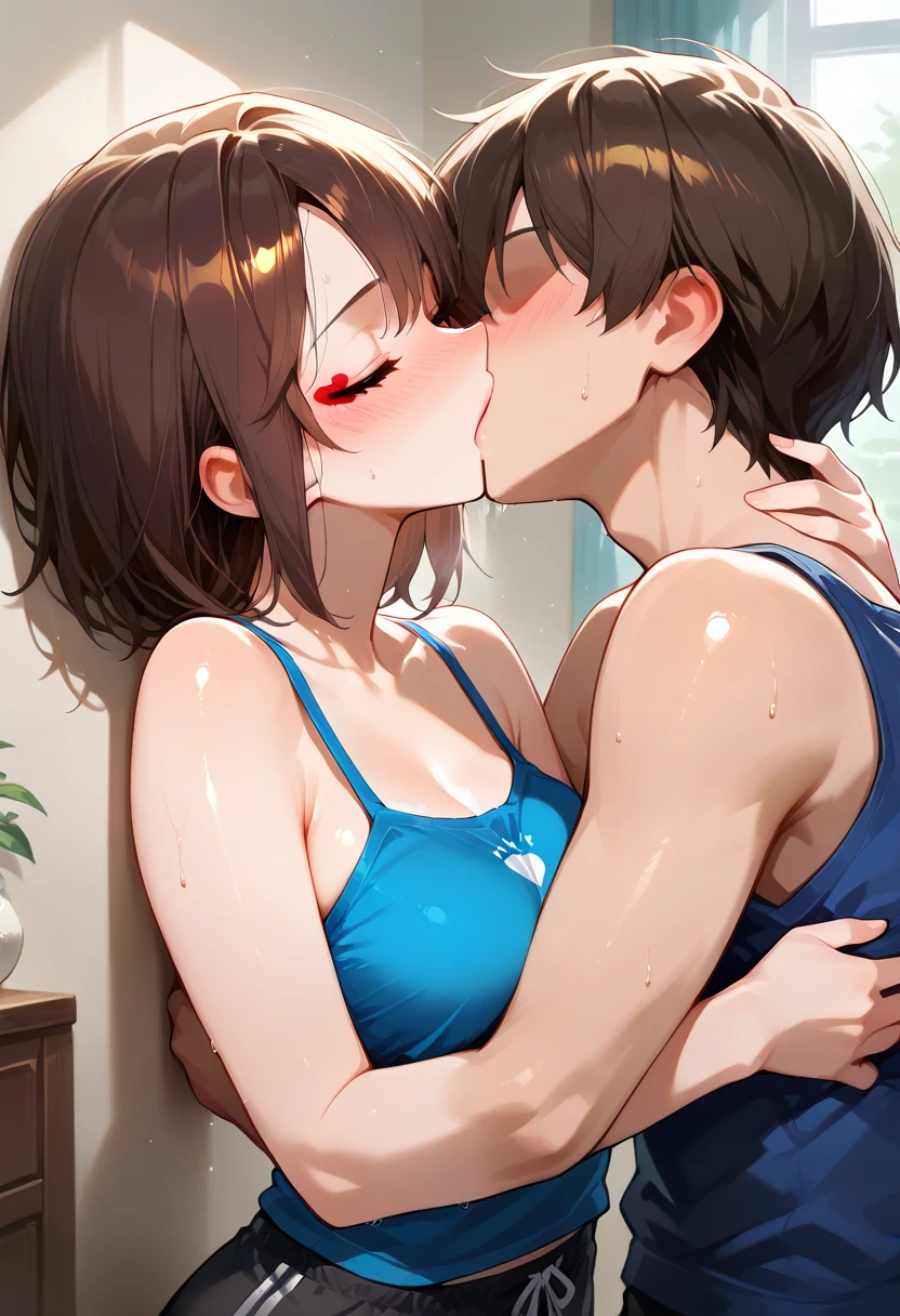 score_9, score_8_up, score_7_up, score_6_up, source_anime, masterpiece, best quality, very aesthetic, uncensored, 1girl, 1boy, (kissing), cute face, round breasts, small breasts, soaking in the bathtub, seductive, voluptuous, short hair, brown hair, pubic hair, excessive hairy pussy, sex, pussy juice, moaning, penis in pussy, (hand touch breast:1.4), bathroom, window