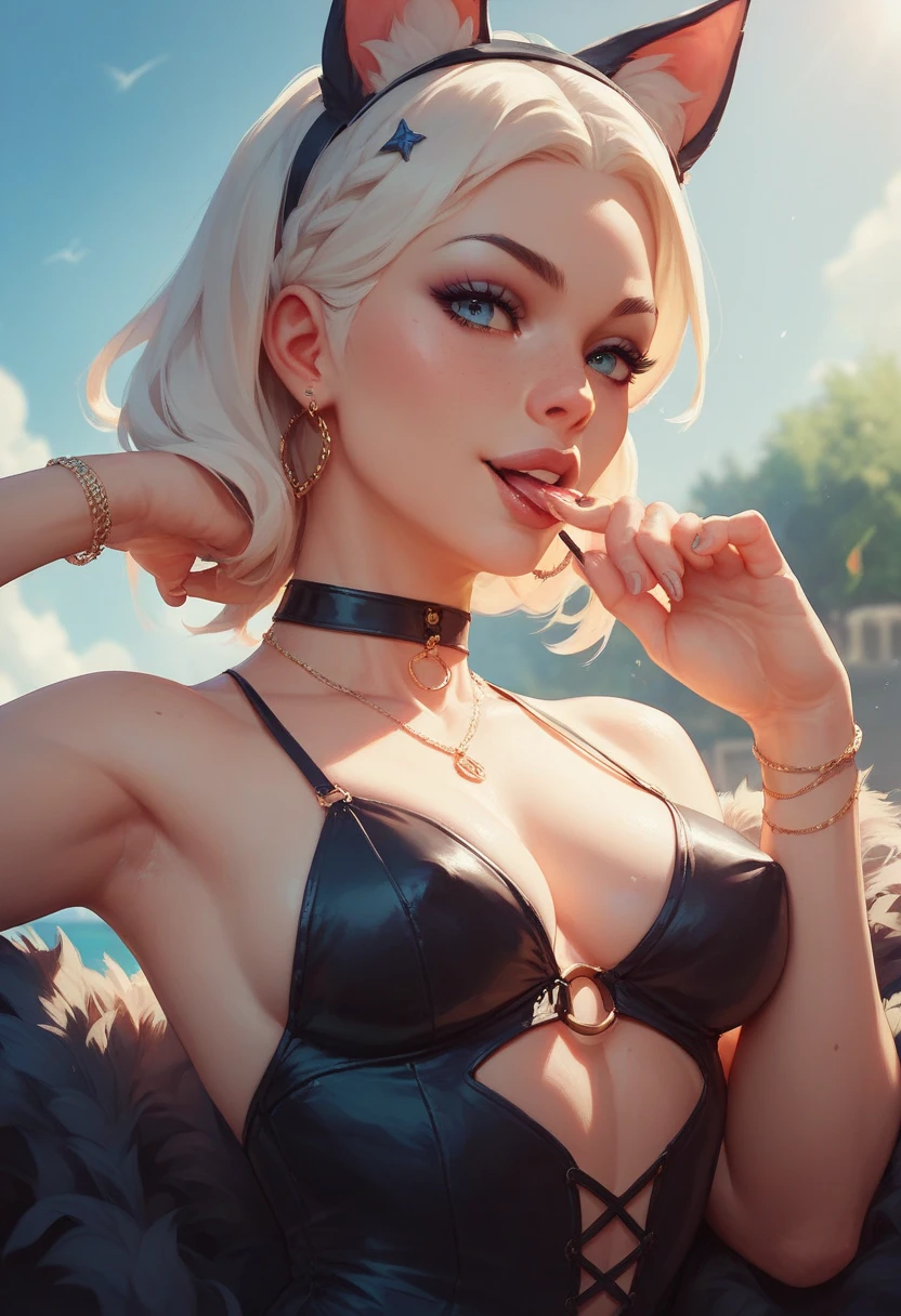 sexy ciri, ponytail,cleavage , choker, fishnets
