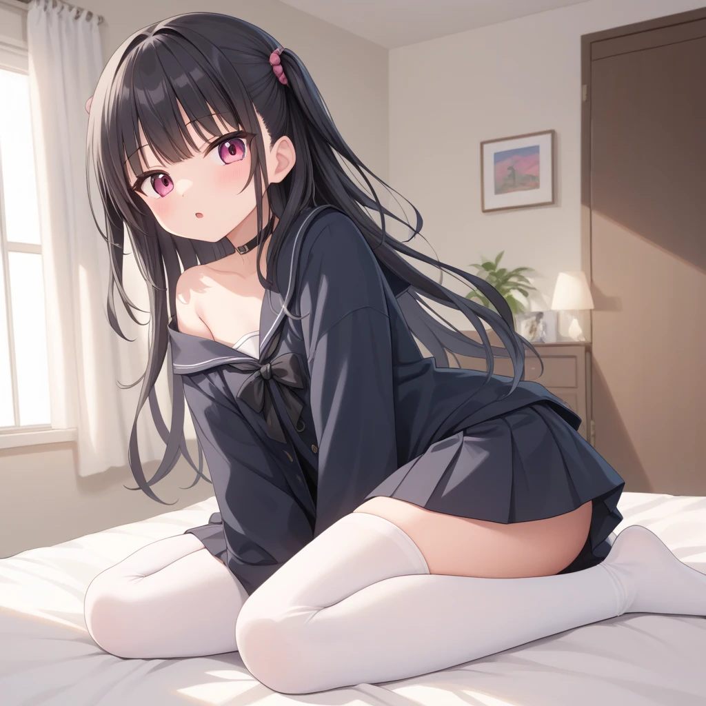 (1) A woman is sitting on a bed holding her knees, But you can see her white panties between her thighs and skirt..
(2) She is wearing a white long sleeve cutter shirt and a black long skirt。. Her feet are barefoot, of course. She has no ribbon or tie around her neck. than that, she has two buttons open.
(3) she has long black hair.
(4) her expression is、It has shiny eyes。 (angry eyes).
(5) She is 26 years old and looks mature..
(6) The location is the bed in the bedroom of an apartment at night..