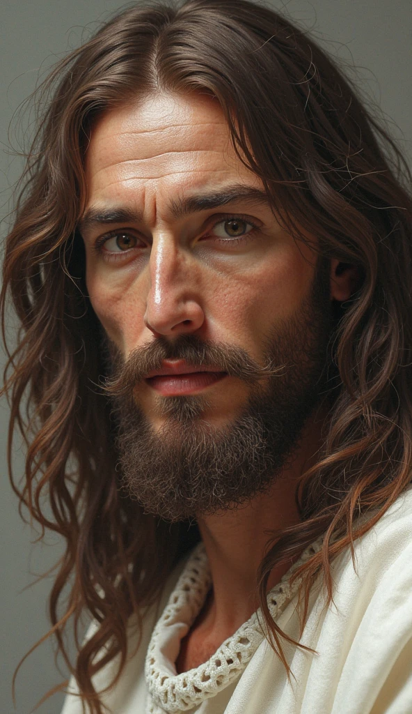  "Create an image of a man who looks like Jesus Christ, with short hair, barba, and a serious expression. It must be pointing directly at the camera. Use natural and soft tones, focusing on the face and pointing hand to create a deep emotional impact.