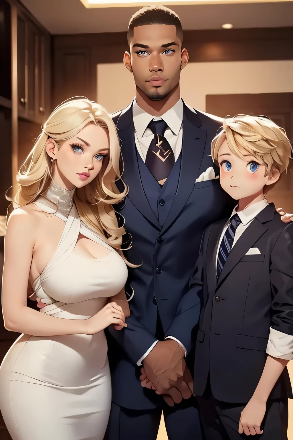 Family photo . beautiful blonde. Blue eyes . breast size 3 . SEXY MAKEUP . height 190 cm . A tall, pumped up black man, 210 cm tall, stands with her . And their dark-skinned mulatto daughter.