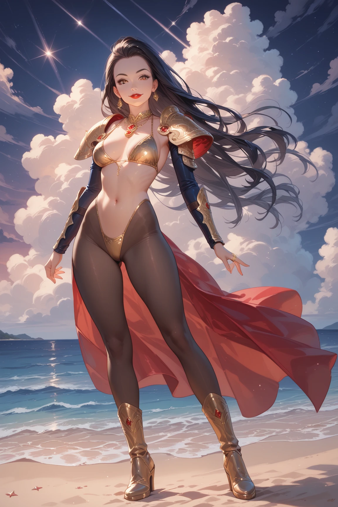 Highly detailed CG unit 8K wallpaper, masterpiece, High resolution, highest quality, highest quality real texture skin, Super Real, Digital Painting, Best image quality, 最High resolution, 8K, (((1 girl))), Very beautiful teenager, ((Highly detailed eyes and face)), Beautiful eyes in every detail, (Full Body Shot, profile), white competition swimsuit, one-piece swimsuit, cleavage cutout, sideboob, chinese style embroidery, cape, ((gigantic breasts, sagging breasts, disproportionate breasts, huge breasts, sagging breasts, curvy, erect nipple, ,((tanned skin)), smile, Strong winds, typhoon, light brown hair,
