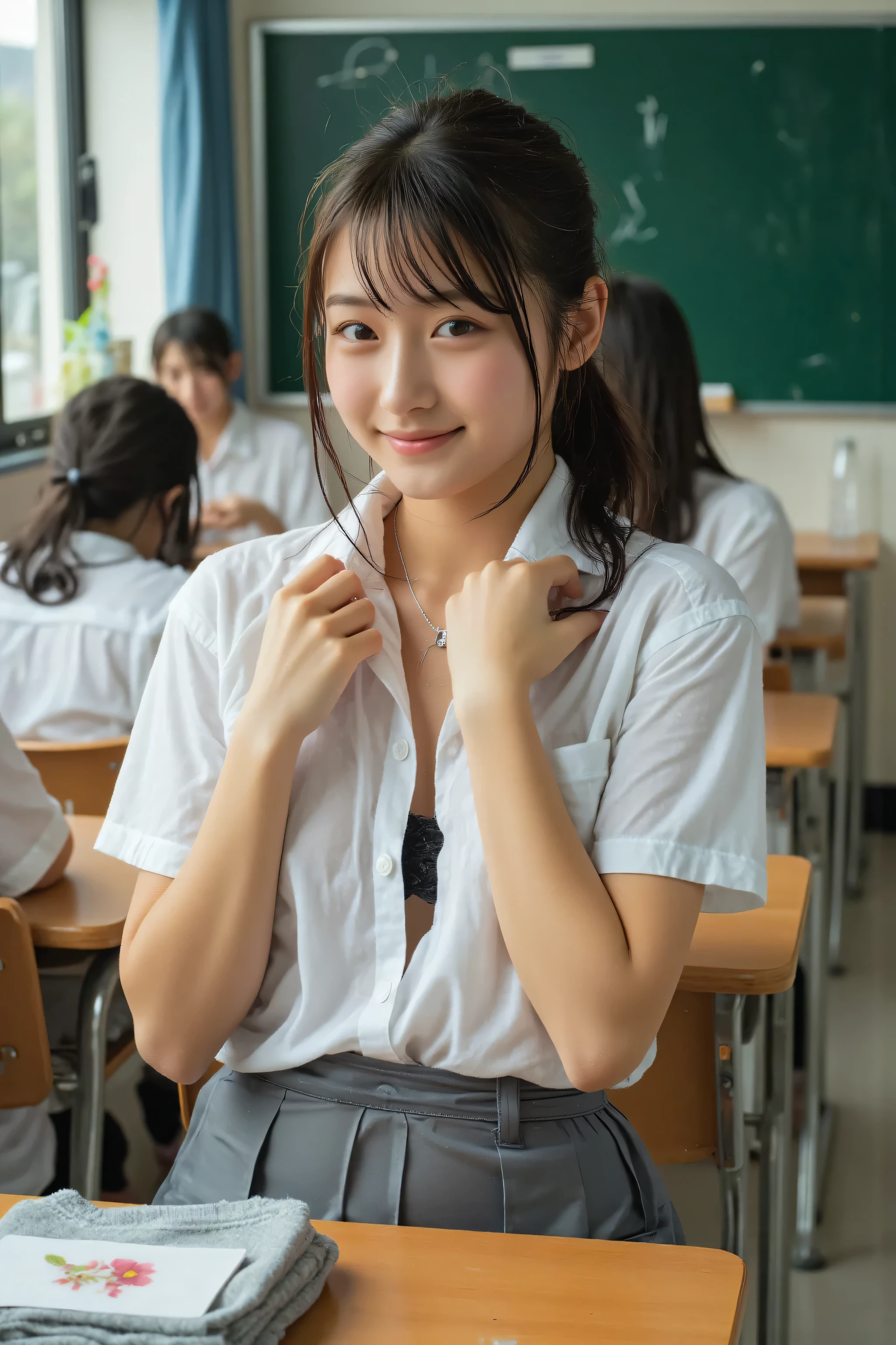 18 years old,brightly illuminated classroom scene、there are a few dark-haired young people, they all look like students, sitting at the wooden school desk. At the center、there is a young woman with fair skin and dark hair in a low position. she is facing the camera with a smile, Her hands touch the collar of a white short-sleeved button-down shirt nicely. The shirt is partially unbuttoned, I can see a black lace bra underneath. she is wearing a gray pleated skirt and a silver necklace with a pendant. on the wooden desk in front of her、there is a folded gray sweater or cardigan and、flower painting on the cover. Backgroundに, and other similar wooden desks and chairs are lined up, Among the others are、a dark-haired young man wearing similar clothes is sitting There is a. green blackboard attached to the back wall, with colorful paper on it. Background , I can see a clear plastic water bottle on the other desk. what is the overall vibe、typical Japanese idol in a classroom environment Suggesting a group set, Fujifilm X100F, f8, 1/125s, ISO 200.
