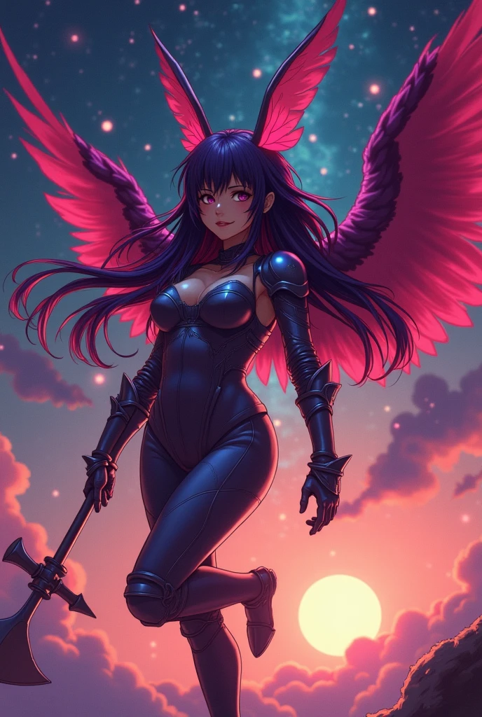 furry cat girl, anime western style art, small cat ears, fur covered succubus tail, medium sized breasts, blue slightly violet colored cat eyes, thin slit irises, thin iris, violet mist aura, small closed lip smile, body, black kimono laced with dark purple linen, angle on the left side, furry body, black fur, violet claws, furry person, paws, cat face, muzzle, Japanese background, paws, demonic violet aura, long hair, silky hair, straight hair, black fur covering entire body, Multiple tails, small purple demon horns, toe-beans on paws, purple claws, visible paw pads, cute, magical violet aura, black fur, purple gemstone kimono, 9 cat tails. Furry Wings, Medium sized Wings, flying.