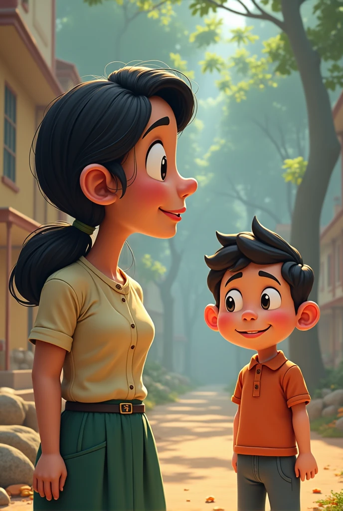 Cartoon of a poor boy talking excitedly to his mother 