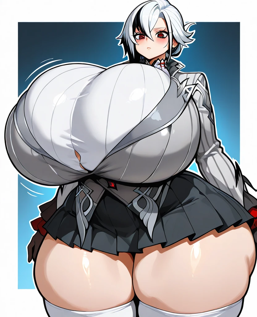 hof, 1girl, kiana kaslana, solo, small breasts, medium breasts, blue eyes, gauntlets, white hair, cleavage, jewelry, ponytail, earrings, bare shoulders, closed mouth, bangs, simple background, hair ornament, looking at viewer, hair between eyes, torn cape, protuberance on belly, (protuberance in belly:1.4), bultos on belly, blows from the stomach, gurgle belly, belly full of blood, armor, antenna hair, thigh boots, white thighhighs, black gloves, boots, white footwear, big belly, huge belly, vore, big belly, (big belly:1.7), (large belly:1.7), large belly, huge large belly, hermoso, obra maestra, mejor calidad, cara extremadamente detallada, perfect ilumination, hyper pregnant, (hyper pregnat:1.6), 1girl, solamente, (manos perfectas, Perfect anatomy), Masterpiece 8k, (belly con forma humana:1.3) , one eyes close , sonrojo, muslos anchos, caderas anchas, boca abajo, acostada, acostada sobre barriga, hermoso, obra maestra, mejor calidad, cara extremadamente detallada, perfect ilumination, 1girl, solamente, (manos perfectas, Perfect anatomy), Masterpiece, 8k, , cara detallada, (cara detallada;1.4), sonrojo, sonrisa, manos perfectas