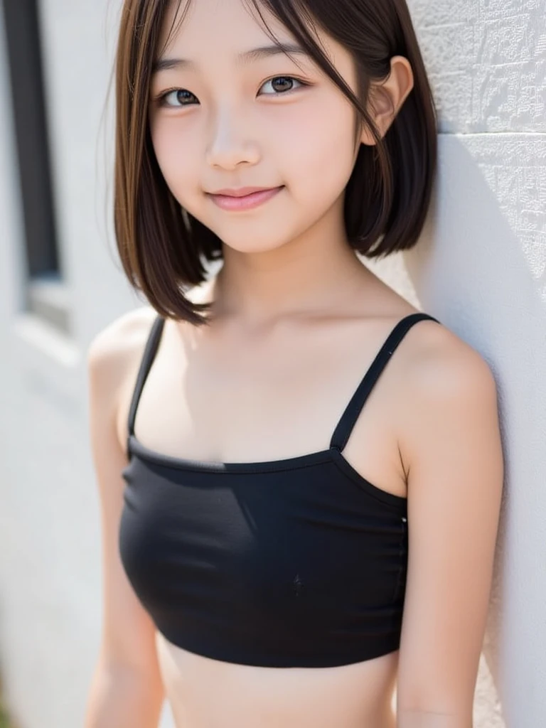One girl, Fluffy short hair,Black Hair,smile, Pink Tank Top,Before betting,Standing,Big eyes,Innocence,5th grade elementary school,Look here,Small swelling in chest,transparent, (masterpiece, Highest quality), Soft Light, Structure of the film, Like a movie