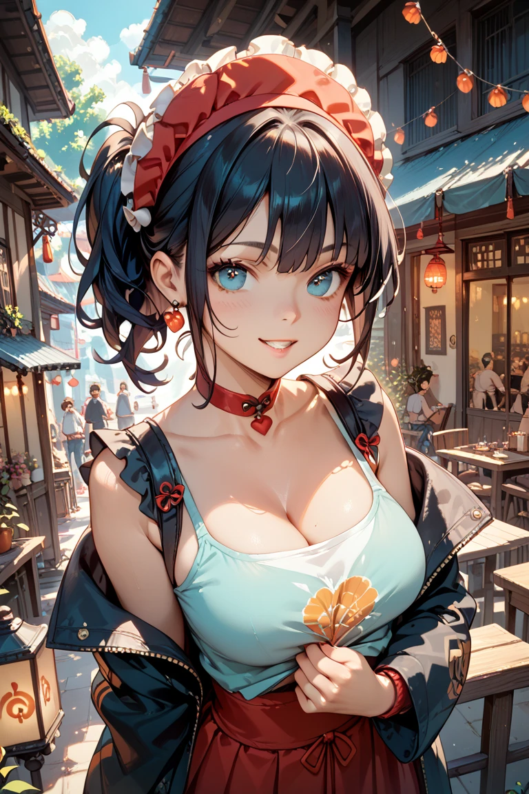 最high quality、Best image quality、masterpiece、With a girl((cute、20-year-old、Best Bust、Medium Bust、Beautiful Blue Eyes、Spread your chest wide,Black Hair、ponytail、Disheveled Hair、thin、Highest Valley、Rough style、smile、Beer を持つ、Drunk))high quality、Beautiful art、background((night、festival、stall、Fireworks、Beer )),Tabletop、Exquisite design、Visual Arts、Written boundary depth、Best lighting、Highest detail、8k