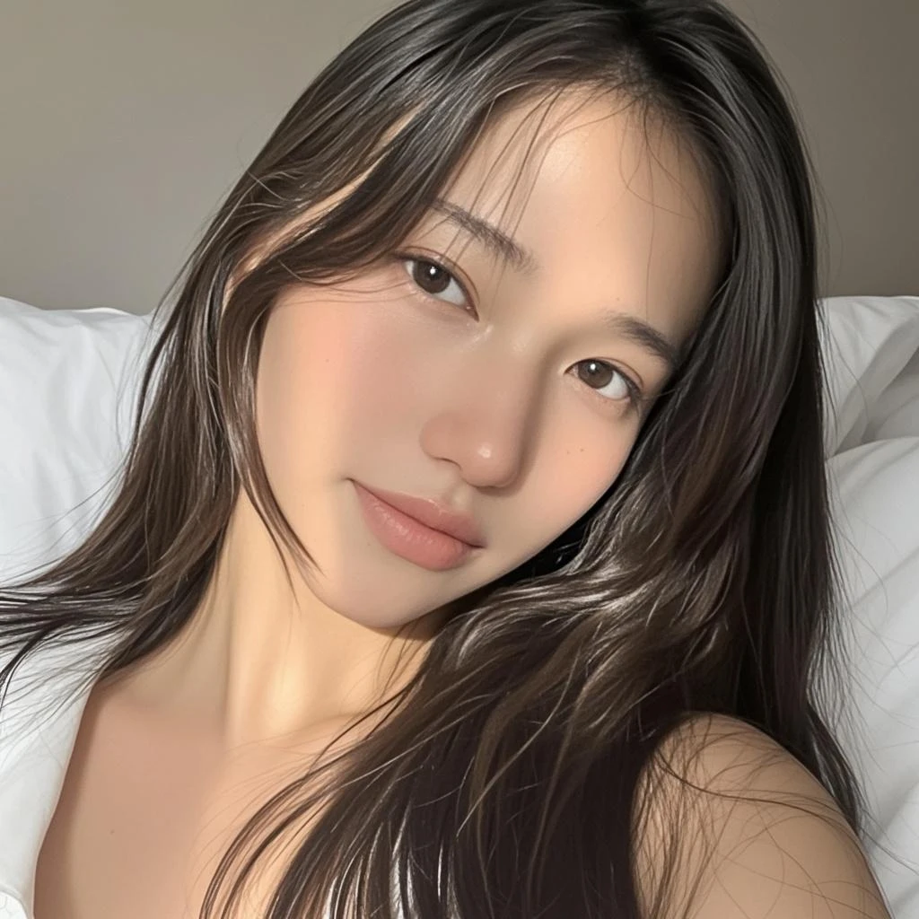 ((high detail)), ((masterpiece)), Malay, Female, shoulder length hair, wearing white tanktop and shorts, in bedroom, warm lighting, bare face, no makeup, realistic skin, realistic hair, selfie