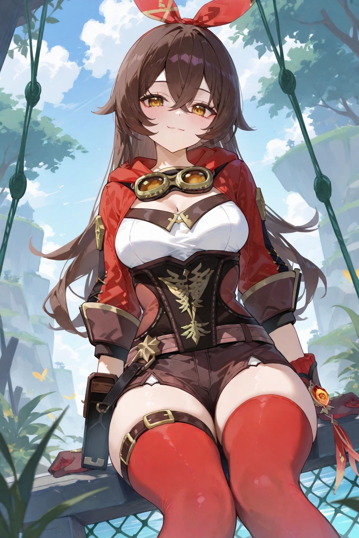 masterpiece, best quality, soft lighting, absurdres, looking at viewer, solo, smile, goggles on head, amber \(genshin impact\), brown eyes, brown hair, long hair, red hair ribbon, brown short shorts, leather gloves, pouch, thighhighs, white boots, medium breasts, cleavage cutout, shrug \(clothing\) full body, ((nude, breasts and genitals exposed, vulva and clitoris exposed)),standing on one leg, overgrown ruins, mountains