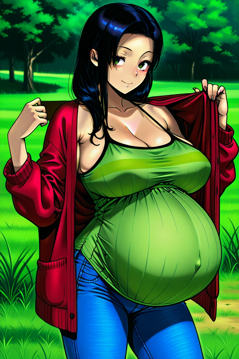 Delia Ketchum, horizontal outside navel, eyes symmetry, face symmetry, HDR, bold and rich colors, intricate embellishments, and festive accessories for a celebratory look, HDR, pregnant belly , slim waist, sitting