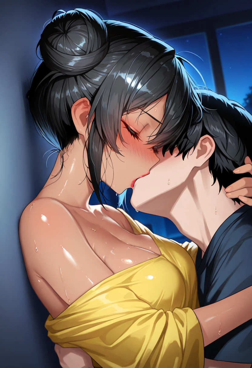 Solo Side view NSFW:1.9 Naked:1.9 (Kissing face, pouting lips) 、BREAK,(Tall woman, black hair, short hair, ponytail:1.9 Swept-to-the-side bangs, beautiful, cute, big breasts, sweat, excitement, blushing),