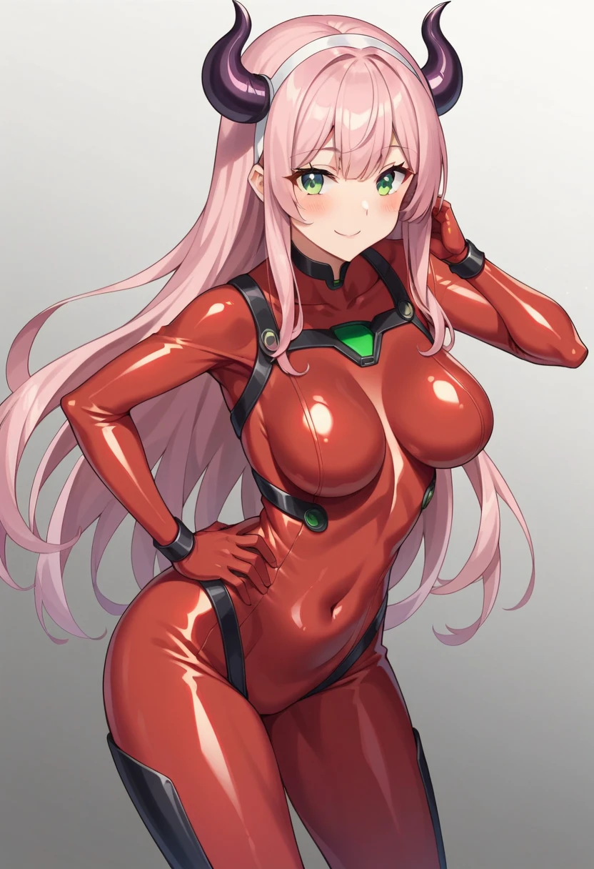 zerotwo, zero two, (green eyes:1.5), hairband, horns, long hair, pink hair, red horns, white hairband,
BREAK bodysuit, covered navel, pilot suit, red bodysuit, science fiction,
BREAK indoors, classroom,
BREAK looking at viewer, BREAK (masterpiece:1.2), best quality, high resolution, unity 8k wallpaper, (illustration:0.8), (beautiful detailed eyes:1.6), extremely detailed face, perfect lighting, extremely detailed CG, (perfect hands, perfect anatomy),