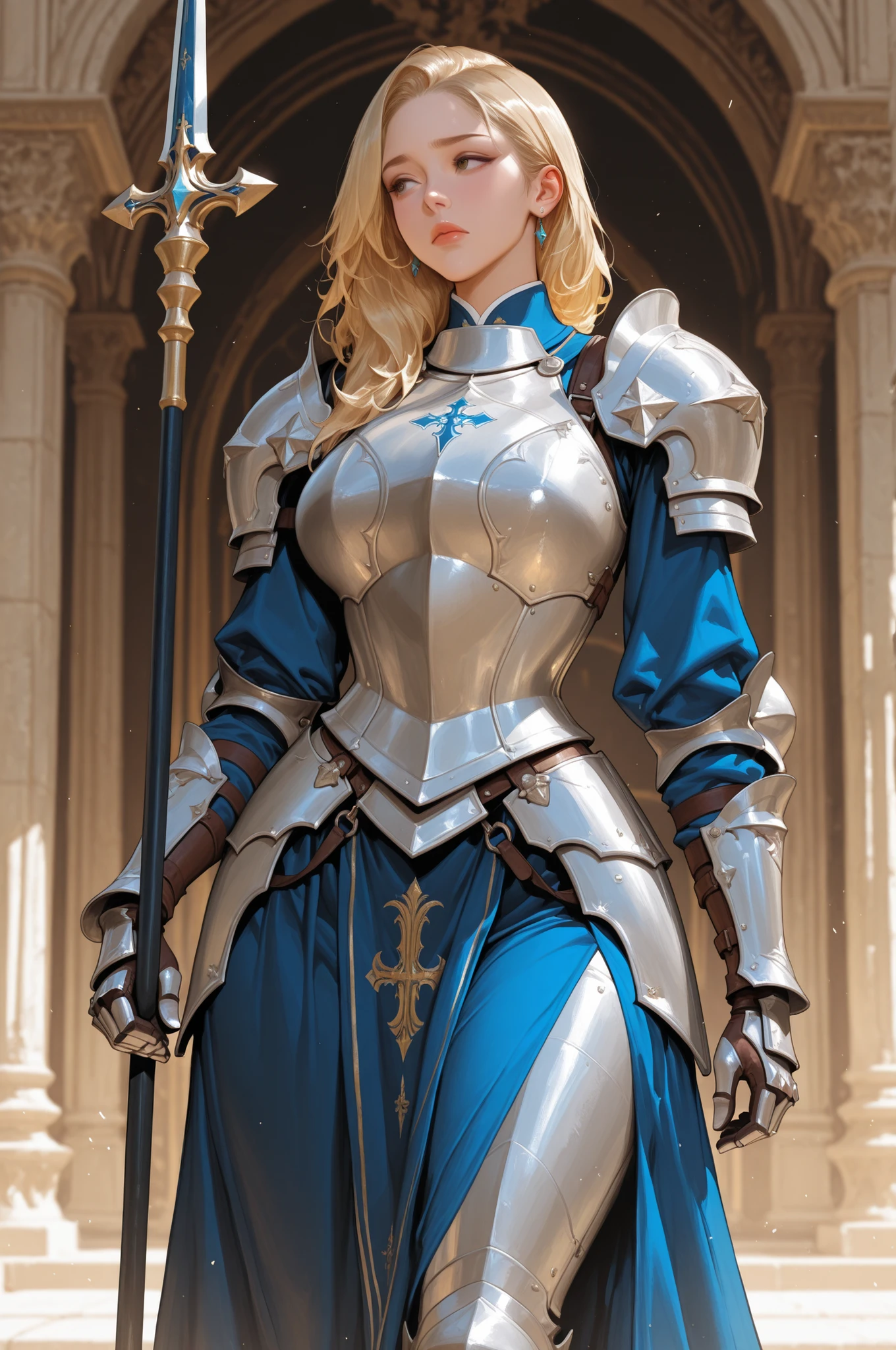 (((masterpiece、highest quality、Super detailed、)))1 female、Water hair semi-long hair roll、slim、big breast nipples、Great Swordsman、shield、heavily armed、Big armor、armor、breastplate、The color of the costume is white(host)and black(deputy)、Decorative parts are yellow、stand up、Full body figure、