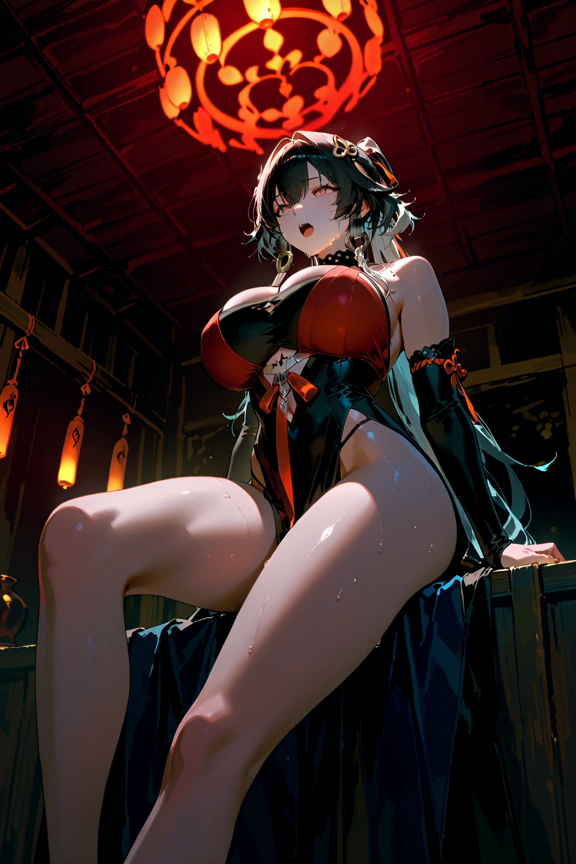 (hews art style:0.7), score_9, score_8_up, score_7_up, score_6_up, uncensored, yor briar, black hair, white hairband, red eyes, sidelocks, BREAK (masterpiece:1.2), best quality, high resolution, (beautiful detailed eyes:1.3), perfect lighting, (perfect hands, perfect anatomy), hearts, pleasured, huge breasts, 1girl, solo, flexible, bodysuit, feet, toes, wooden floor, looking at viewer, spread legs, full body, soles, toeless legwear, ass, wide spread legs, stirrup legwear, breast curtain, no shoes, black bodysuit, handstand, legs, partially fingerless gloves, split, gloves, black gloves, blush, thighs, indoors, tatami, tiptoes