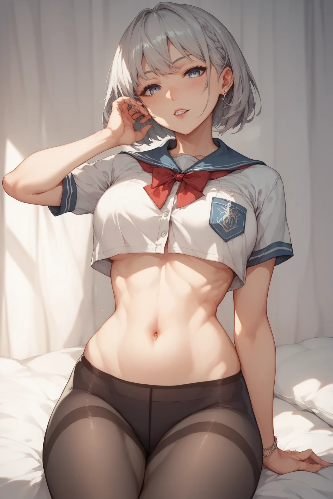 Saitou,(((pussy))),(cowboy shot),(glasses,short hair,short sleeved white sailor suit,underboob,naked lower body),ahegao, (crying:1.4),orgasm,((empty eye)),out tongue,big breasts,lean body