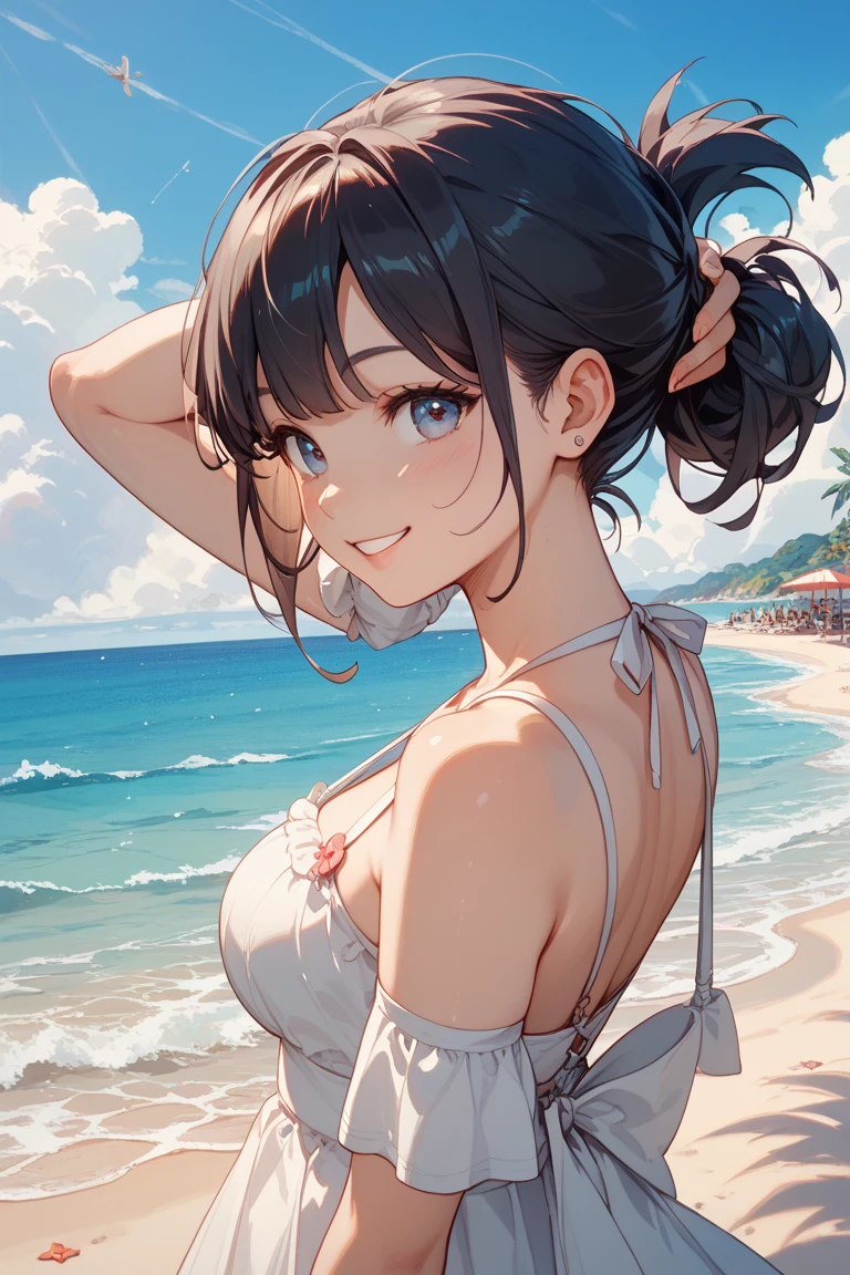 highest quality、High resolution、Detailed Background、(Beautiful face in every detail:1.4)、Anatomically correct、(Detailed facial expressions)、(Detailed eyes:1.2)、Teenage beauty、(Highly detailed face:1.4)、Huge breasts、Cute hair colour、Twin tails、well-groomed eyebrows、I can picture a girl walking along the beach at sunset.。
She is wearing a summer dress but is looking up at the sky with a cool look on her face.。
The sandy beach lit by the setting sun shines golden, and the summer sunshine gradually々It seems to be weakening。

The image of the girl sitting on a beach chair and reading a book is also impressive.。
Her expression seems to be immersed in summer memories and feeling the pleasant sea breeze.。
You can see the sadness of summer vacation coming to an end and the anticipation of autumn.。

The sight of a girl taking a nap in the shade of a tree by the sea also brings to mind the end of summer.。
The way they sleep leisurely shows that they are tired from the summer.、It gives a glimpse into the upcoming autumn.。

I can picture a girl walking alone along a seaside road.。
In the twilight、She looks a little sad as she reminisces about her summer memories.。
But at the same time, her expression shows her anticipation for autumn, which is impressive.。