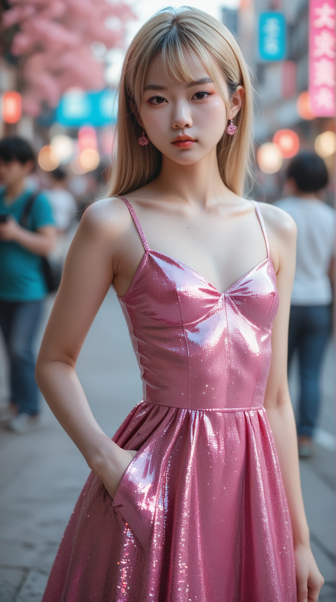 Random posture, (An extremely delicate and beautiful work), (masterpiece), 1girl, a girl in shiny transparent dress, highly detailed, waist leaking, ponytail contorted, charming expression, beautiful and clear eyes, green eye pupil, delicate necklace, delicate earrings, simple blurred background, extreme detail description, beautiful, charming, ultra-fine painting, delicate face, delicate figure, Fine collarbones, lovely lips, beautiful breasts, soft behind, mix4,(8k, RAW photo, best quality, masterpiece:1.2), (realistic, photo-realistic:1.37),1girl,cute,cityscape, night, rain, wet, professional lighting, photon mapping, radiosity, physically-based rendering,(beautiful small hard nipple:1.3),(seen nipple head on the dress:1.4),(shiny:1.5),(transparent:1.3),blonde hair.full body