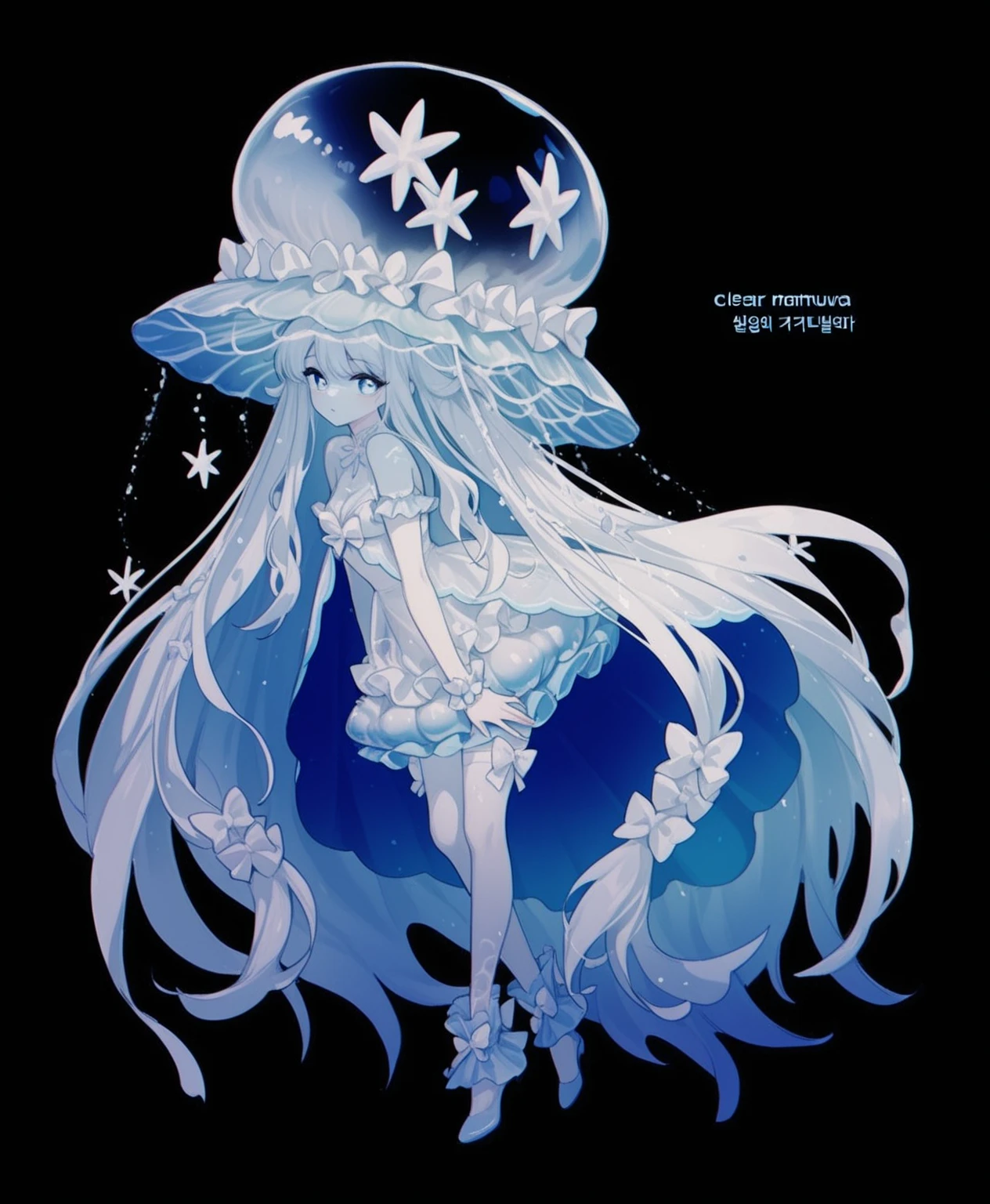 Drawing of an anime-style girl in a school swimsuit with a big jellyfish hat on her head、A girl with clear skin like a jellyfish、Long white hair with curled ends like jellyfish tentacles、(Blue high leg swimsuit outfit)、Very big super busty、Plump lower body、barefoot、((Full body illustration from the side, including the feet))、Have a magic wand、Has a trident、Floating standing pose、Open mouth smiling face、((((Pale-white skin))))、((((((Full body shiny skin)))))),(((Completely naked)))