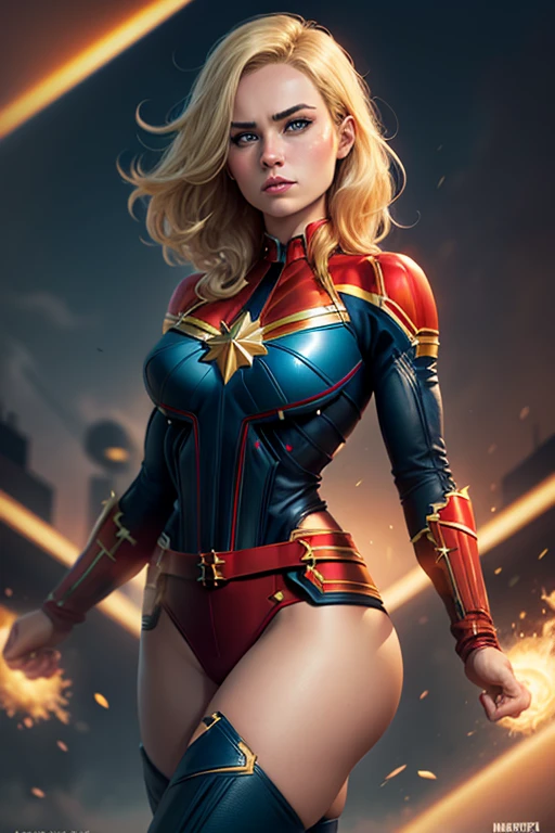 blonde girl, Captain Marvel, combat stance, highly detailed, vibrant appearance, creative behavior, imaginative, , spontaneous, small breasts, sexi, revealing, highest quality, skin texture, intricate details, (cinematic lighting), RAW photo, 8k, masterpiece,best quality,ultra-detailed,very detailed illustrations,extremely detailed,intricate details,highres,super complex details,extremely detailed 8k cg wallpaper