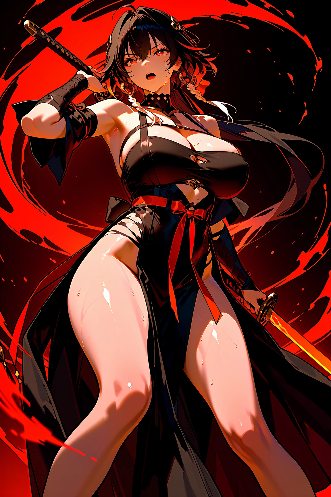 mai shiranui，on cheongsam，high-heels，huge tit，blacksilk