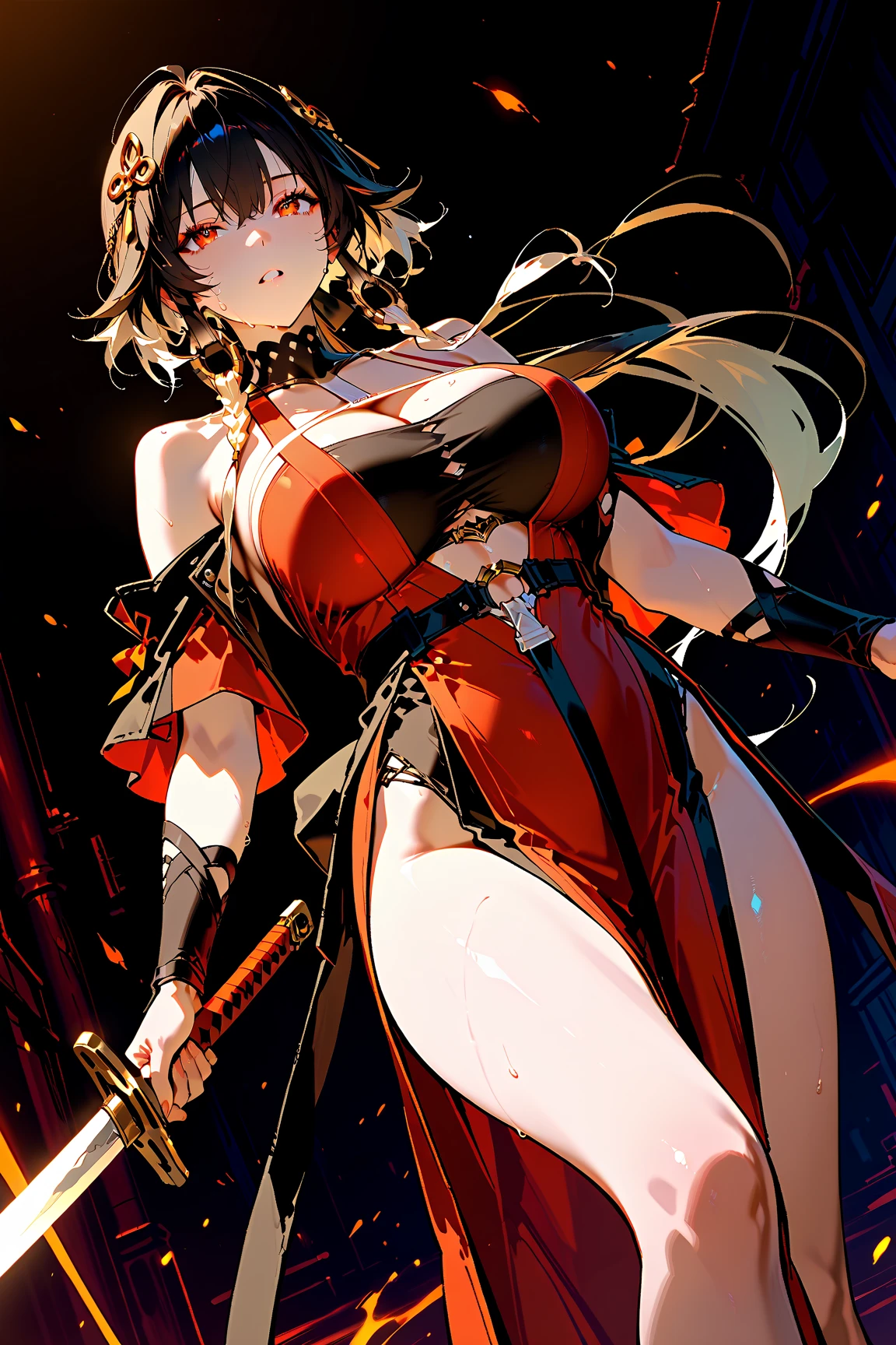 (Highest quality、masterpiece、Very delicate、8k:1.2)One Girl、Huge breasts,Big Ass、Black monastic vestments、gold rosary、Torn clothes、Lace bra、String panties、Broken Cathedral、Broken stained glass、fire、Black Smoke