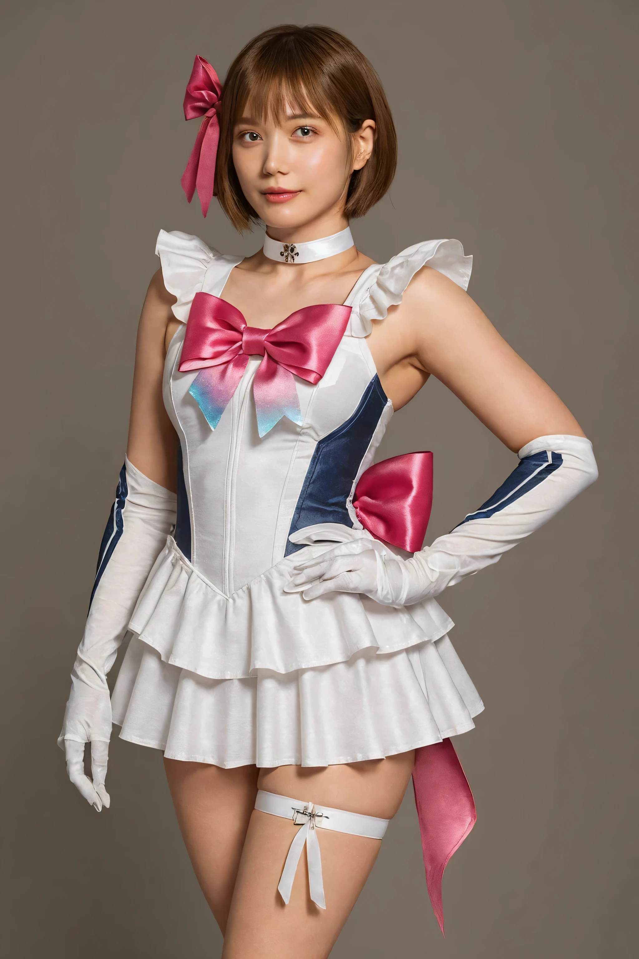 Asian,(Make your face precise),(Super high quality),Pose that shows off your armpits,(Pose that shows off your armpits),(pink hair),(blue eyes),(plump lips),(No sleeve),whole body,(body suit),gloves,(stockings),8K,(Realistic),complex and detailed,(Gravure idol),(embroidery),(transparent),