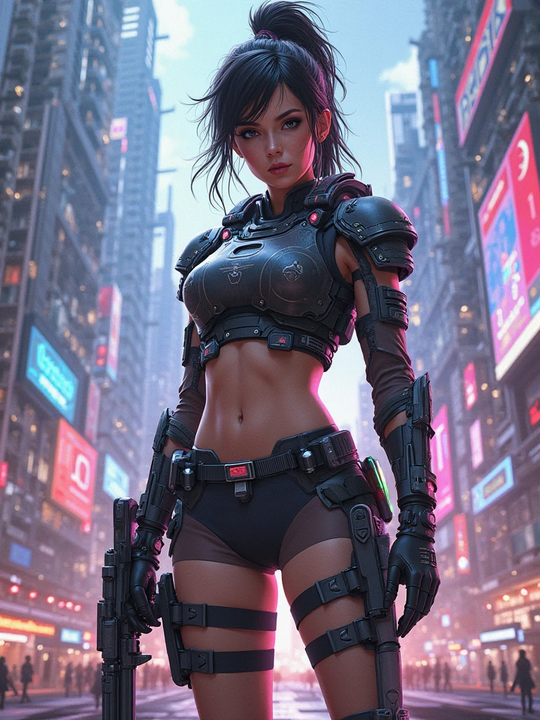 girl,teen, black skin, short white hair, shaved sides of the head, mohawk haircut, warrior from the future, postapocalyptic, futuristic high-tech armor and weapon, exposed breasts, naked breasts, small breasts,dominant pose,vibrant appearance, creative behavior, imaginative, sensual, spontaneous, highest quality, skin texture, intricate details, (cinematic lighting), RAW photo, 8k