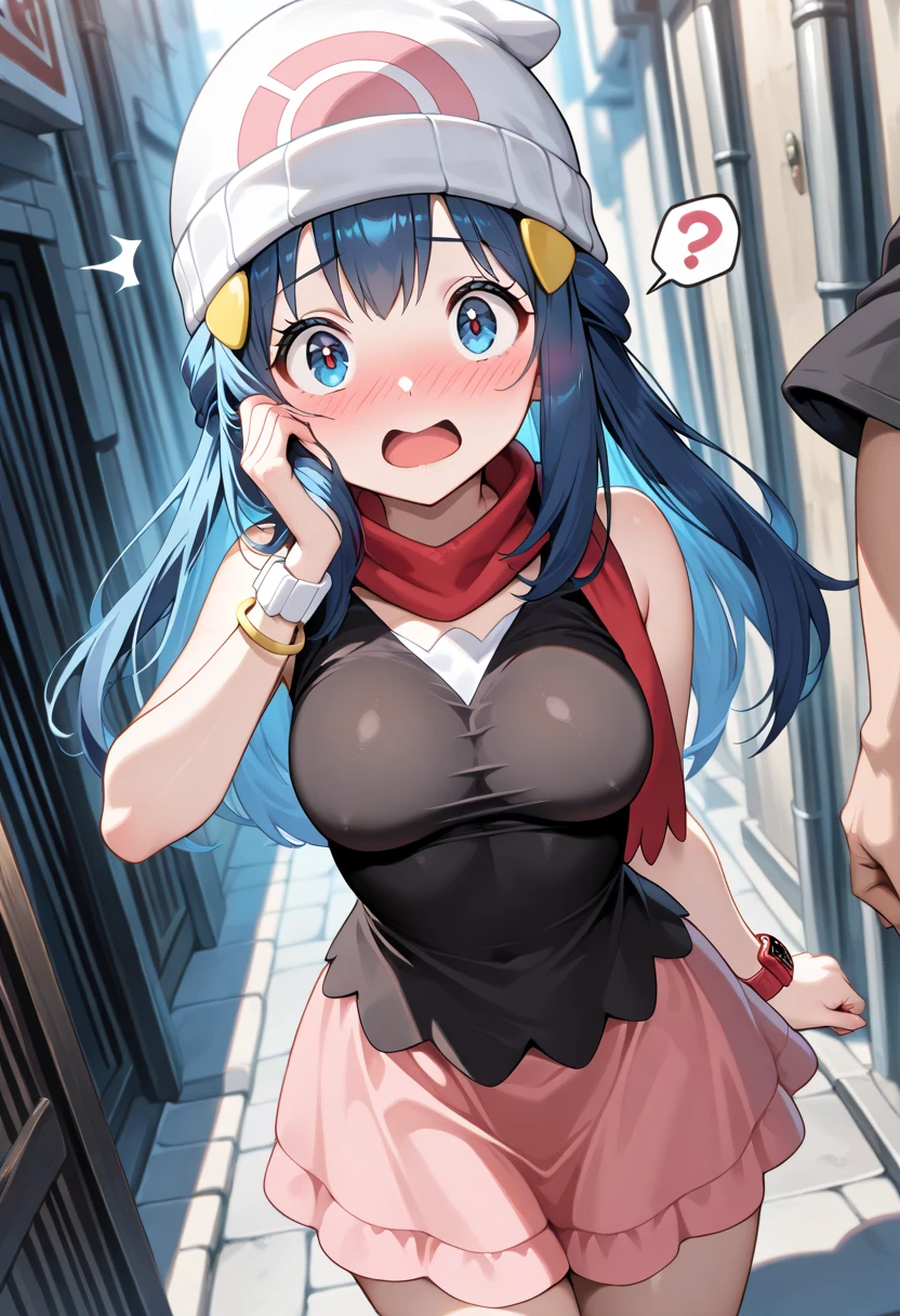 masterpiece, best quality, highres, 1girl, hilda pokemon, baseball cap, high ponytail, long hair, blue eyes, looking at viewer, (embarrassed, blush, sweat:1.2), black stick on bra, bathroom, strapless