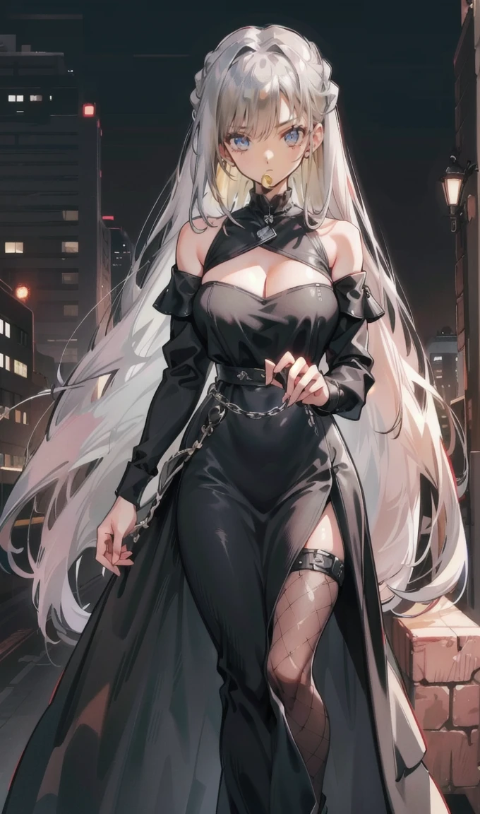 City, Street, Night View, Depth of Field, Silver Eyes, Hair Above One Eye, (Hair Accessory), Chest, High Heels, Long Hair, (Black Silk), Ray Tracing, Masterpiece, Anatomically Correct, Textured Skin, Super Detail, High Quality, Highres, Ccurate, 8K