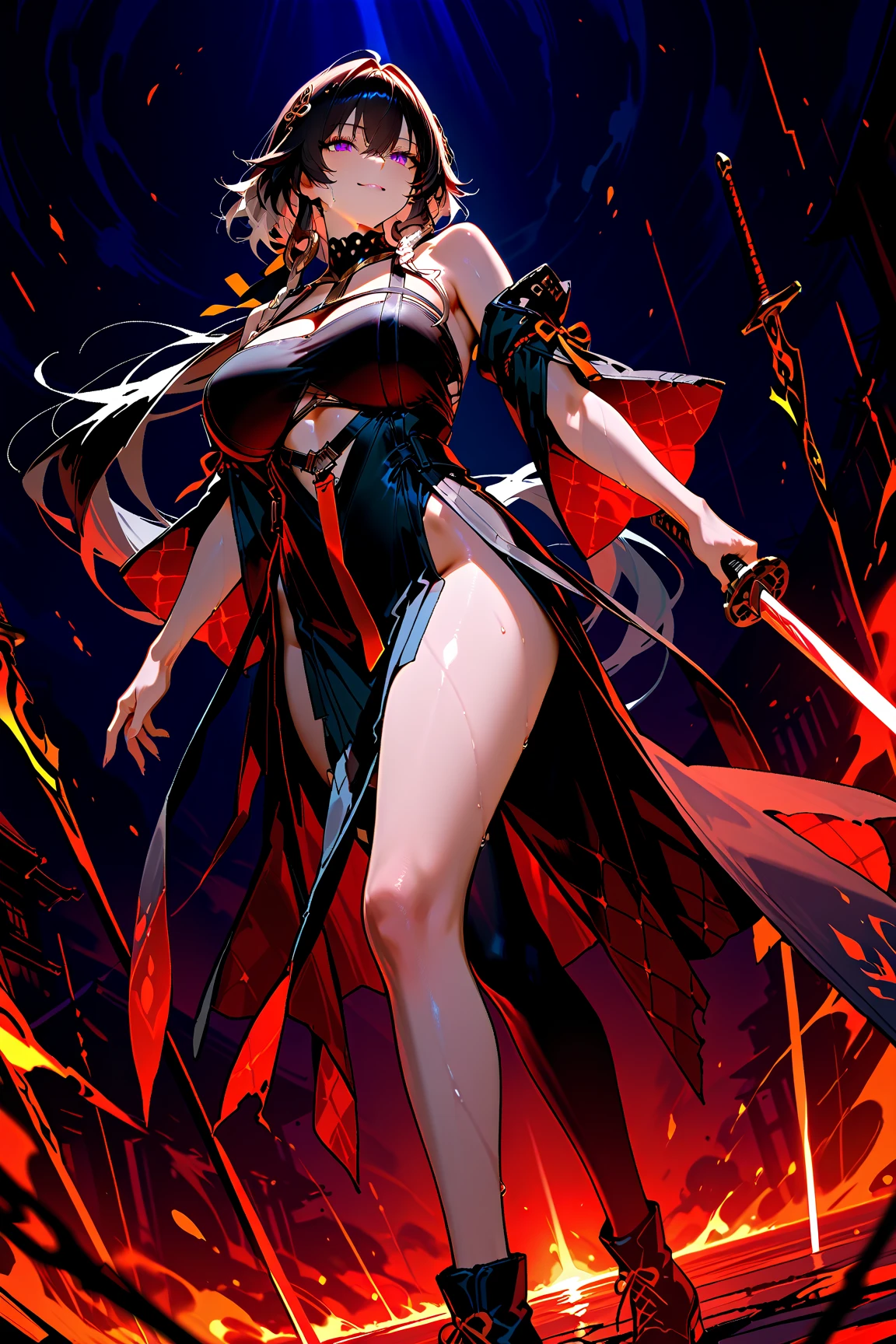 The woman. wavy shoulder-length hair. Black hair with blonde front strands. hairsh, Folded back. Scarlet red suit. red lipstick on the lips.