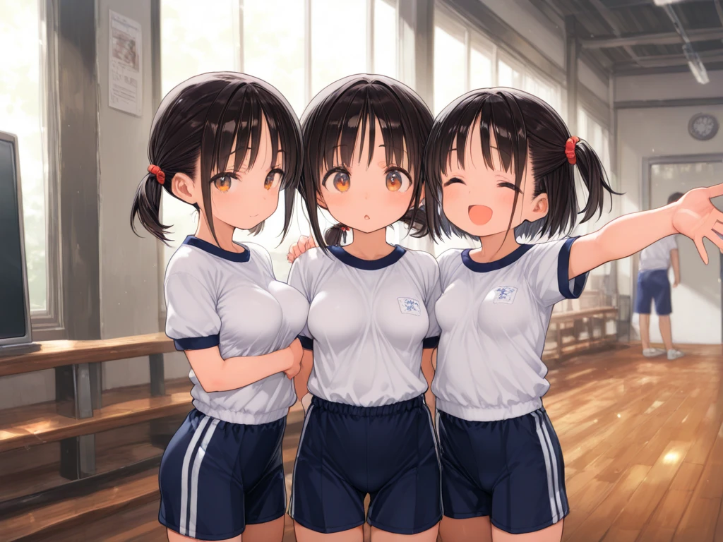 Very detailed, highest quality, High resolution, Moe Anime, ((4 cute girls with black hair and droopy eyes)), Blue Eyes, Sparkle in the eyes, Big eyes, tareme, View your viewers, Pale skin, Focus on the face, At the sports park, ((The upper half of the body is transparent gym clothes and the lower half is naked)), ((nsfw)), ((Very short hairstyle:1.5)), (Slightly below:1.2), ((Flat Chest:1.4)), (arms behind back:1.4)