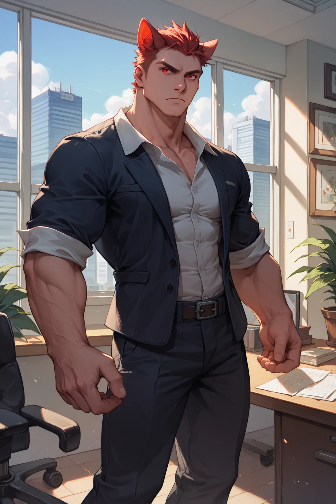Muscle man in a suit, shirt ripping, bulging pecs, huge arms, sexy man, professional, huge muscles, office god